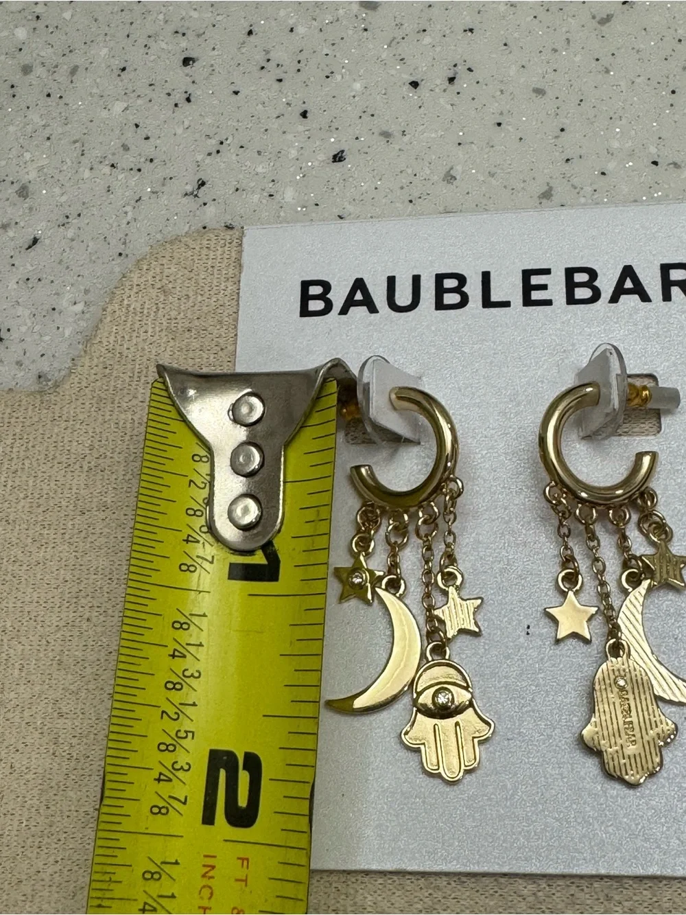 BaubleBar Gold Hamsa Moon & Star Dangle Earrings New in Card.